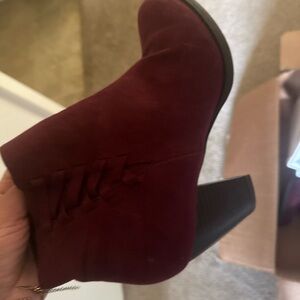 Red Suede Ankle Booties with Chunky Heel